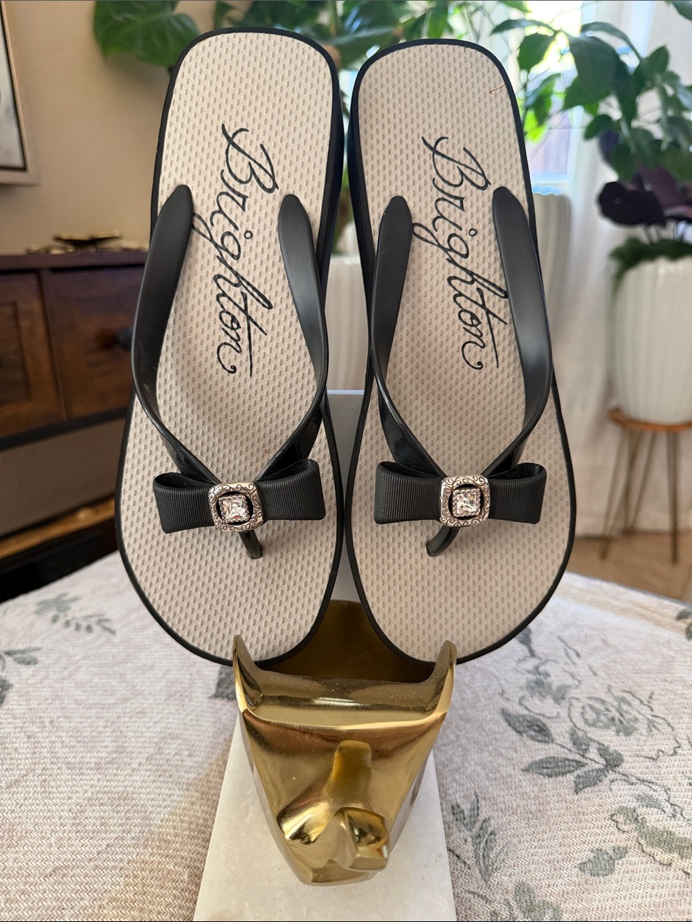 Brighton Black Bow Sandal Flip Flops with Rhinestone Accent